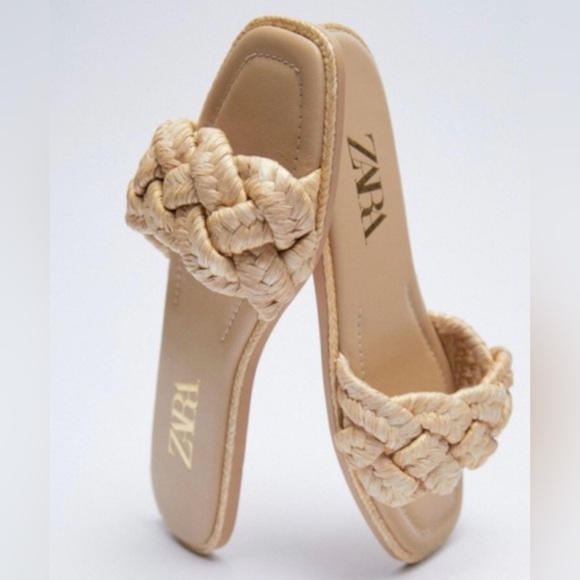 Zara women’s tan woven raffia flat sandals / slides size 37 - Picture 2 of 11